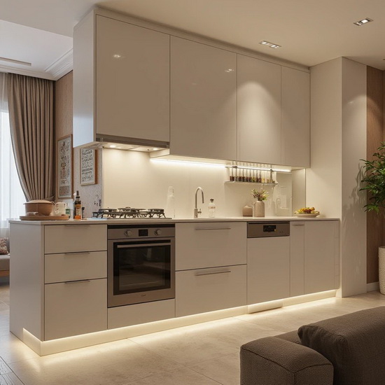 кухня Асфинд МДФ с встроенным духовым шкафом и подсветкой